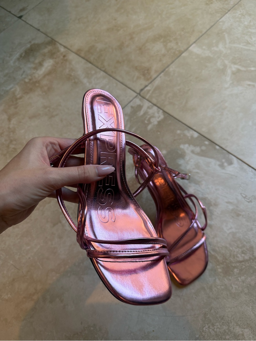 Never worn Express Metallic Rose-Pink Strappy High Heel Sandals